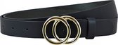 Landley Zwarte Dames Riem met Dubbele Ringen Gesp - Gouden Ringen - 3 cm breed - Echt Leer - Zwart / Goud - Lengte totaal 135 cm / Riemmaat 115