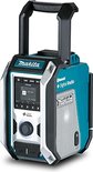 Makita bouwradio in turquoise en zilver, met handvat, display en zilveren speakergrill.