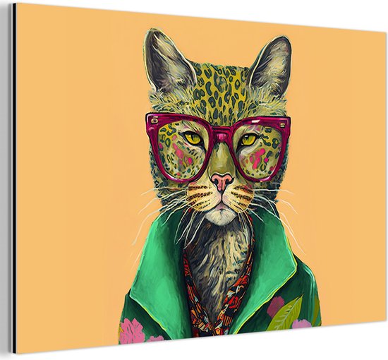 Wanddecoratie Metaal - Aluminium Schilderij Industrieel - Dieren - Kat - Bril - Bloemen - Hippie - 60x40 cm - Dibond - Foto op aluminium - Industriële muurdecoratie - Voor de woonkamer/slaapkamer