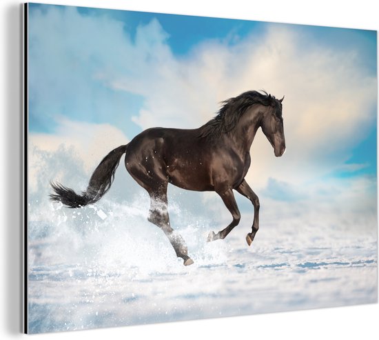 Wanddecoratie Metaal - Aluminium Schilderij Industrieel - Zwart paard in de sneeuw - 90x60 cm - Dibond - Foto op aluminium - Industriële muurdecoratie - Voor de woonkamer/slaapkamer