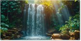 Tuinposter waterval - Tuindecoratie natuur - 200x100 cm - Poster voor in de tuin - Buiten decoratie jungle - Schutting tuinschilderij bomen en planten - Tuindoek muurdecoratie - Wanddecoratie balkondoek