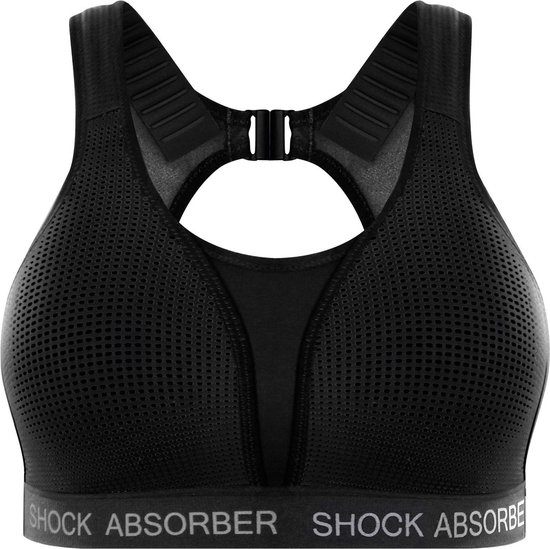 Zwarte Shock Absorber sportbeha met perforaties, open rug en verstelbare bandjes.