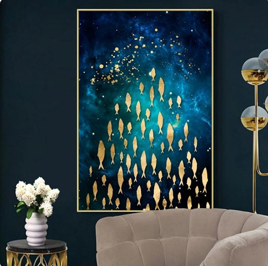 Allernieuwste.nl® Canvas Schilderij Gouden Vissen - Onderwaterleven - Modern - 50 x 70 cm - Blauw/Goud