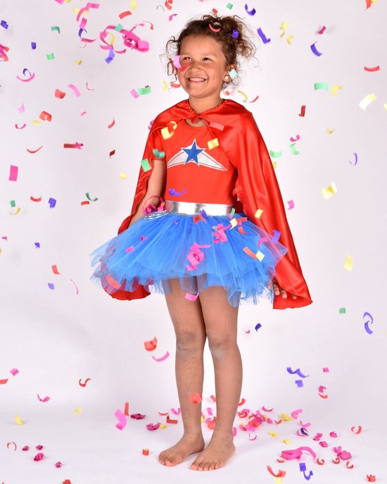 Den Goda Fen Verkleedkledij Wondergirl - Jurk met cape - 110-116cm - 4-6 jaar - Rood/Blauw