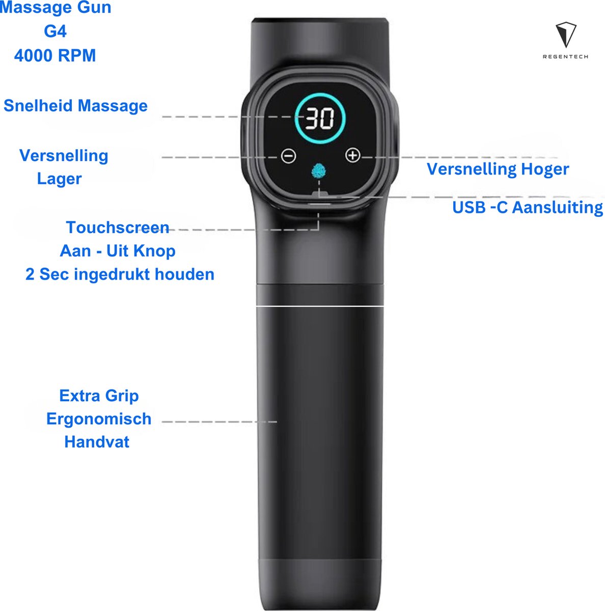 Afbeelding 2 van G5 Massage Gun - Massage Apparaat - LCD Touchscreen - 30 Massage Standen - 8 uur Batterij - USB C
