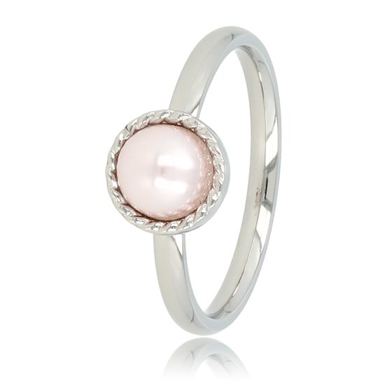 My Bendel - Ring zilverkleurig met roze parel - Zilverkleurige ring met een roze parel en een getwist randje - Met luxe cadeauverpakking
