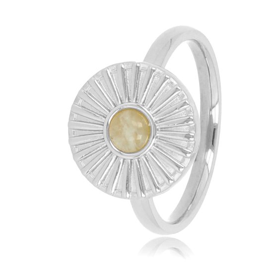 *My Bendel - Ring zilverkleurig zonnetje met Amazonite - Vrolijke zilverkleurige edelstalen ring met een zonnetje en Amazonite edelsteen - Met luxe cadeauverpakking