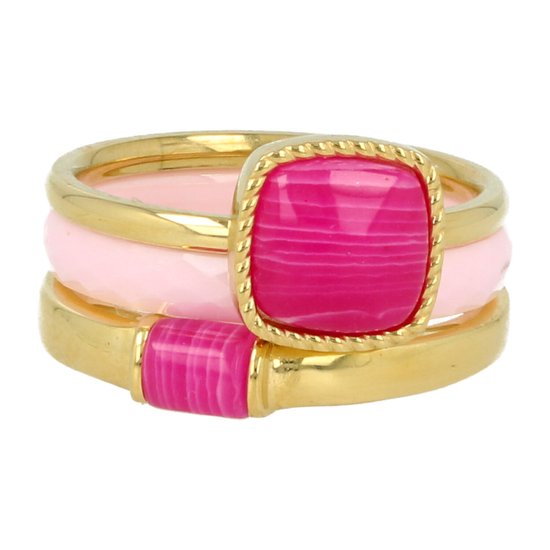 My Bendel - Goudkleurige ringenset met Rose Stripe Agate edelsteen - Zomerse kleurrijke ringen set met Rose Stripe Agate edelsteen en roze keramieken ring - Met luxe cadeauverpakking