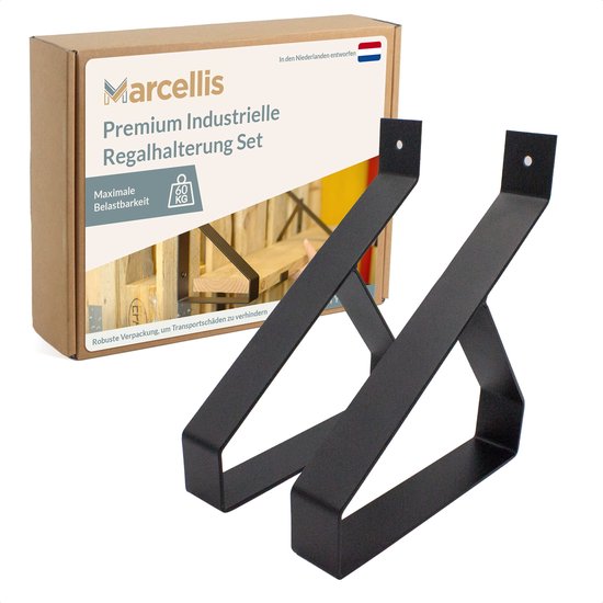 Marcellis - Industriële plankdrager - Voor plank 20cm - mat zwart - staal - incl. bevestigingsmateriaal + schroefbit - type 2
