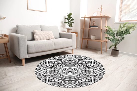 Vloerkleed vinyl rond | Mandala zwart/wit | 150 cm Rond | Onze materialen zijn PVC vrij en hygienisch