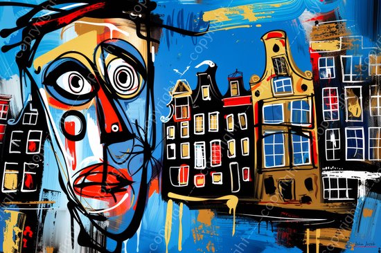 JJ-Art (Aluminium) 120x80 | Man in Amsterdam, huizen, gracht, abstract, Herman Brood stijl, kunst | stad, Nederland, blauw, bruin, rood, modern | foto-schilderij op dibond, metaal wanddecoratie
