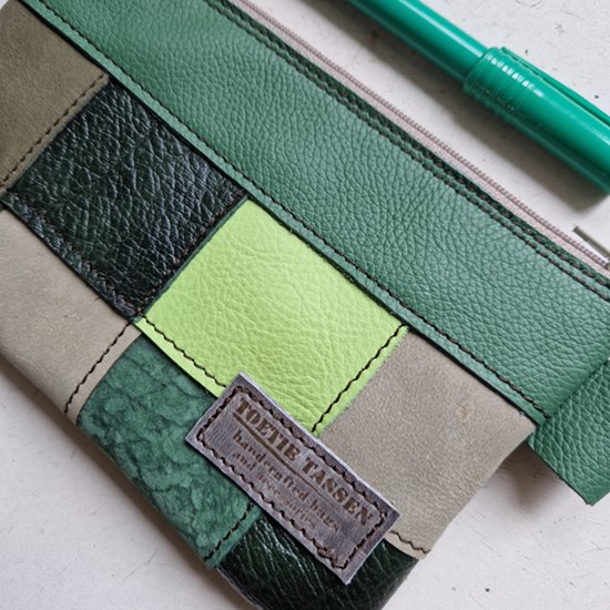 Toetie & Zo - Étui à crayons fait main - Cuir - Vert - Patchwork - Sac de téléphone - Sac de maquillage - Étui à crayons - Étui à médicaments