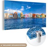 MuchoWow® Glasschilderij 40x20 cm - Schilderij acrylglas - Skyline van Willemstad in Curaçao - Foto op glas - Schilderijen