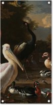 Tuinposter Een pelikaan en ander gevogelte bij een waterbassin - Schilderij van Melchior d'Hondecoeter - 40x80 cm - Wanddecoratie Buiten - Tuinposter - Tuindoek - Schuttingposter - Tuinschilderij