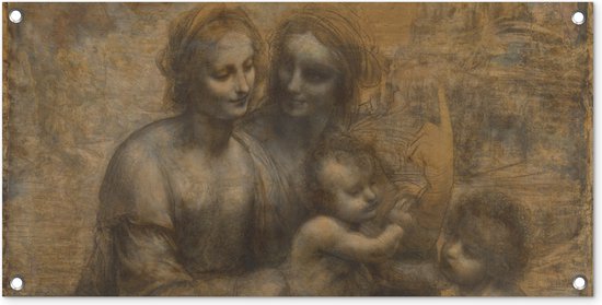 Tuinposter Maria met kind en Sint-Anna - Leonardo da Vinci - 80x40 cm - Wanddecoratie Buiten - Tuinposter - Tuindoek - Schuttingposter - Tuinschilderij