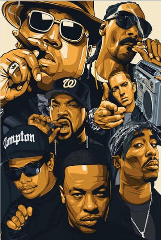 Allernieuwste.nl® Canvas Schilderij Hip Hop Legends 2PAC, Dr Dre, Snoop Dogg, Emenim, Biggie, Tupac, Ice Cube - met handtekeningen - Muziek old school - Poster - 50 x 70 cm - Kleur