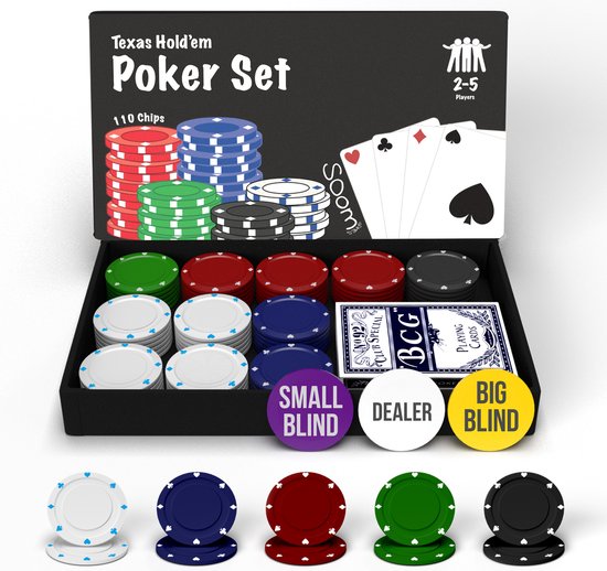 Foto: Soom games pokerset met 110 poker chips 2 5 spelers compacte texas hold em poker set inclusief kaartspel big blind button small blind button dealer button