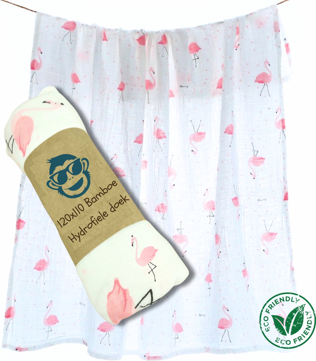 Goedkoopste Duopack 2x BoefieBoef Flamingo Wit Grote XL Hydrofiele Doek Baby - Duurzaam Eco Bamboe - Kerst en KraamCadeau - Swaddle, Inbakerdoek, Hydrofiele Luier & Babydeken - Roze Klein