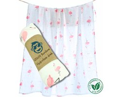 Duopack 2x BoefieBoef Flamingo Wit Grote XL Hydrofiele Doek Baby - Duurzaam Eco Bamboe - Kerst en KraamCadeau - Swaddle, Inbakerdoek, Hydrofiele Luier & Babydeken - Roze Klein