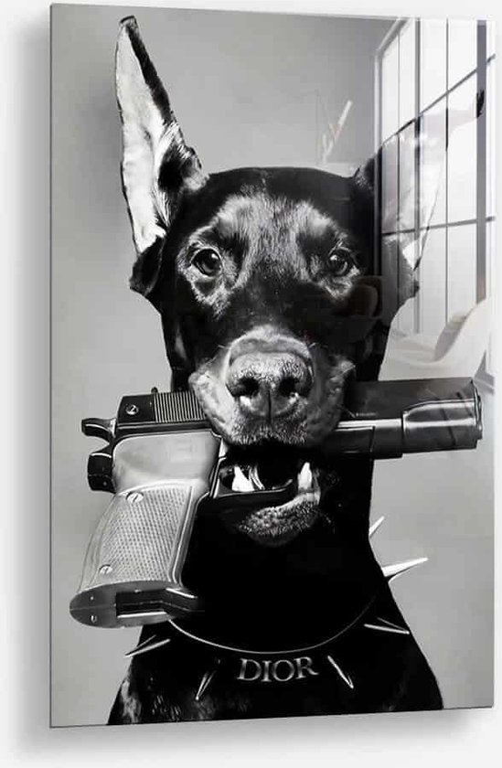 Wallfield™ - Le chien de garde | Peinture sur verre | Verre trempé | 80 x 120 cm | Système de suspension magnétique