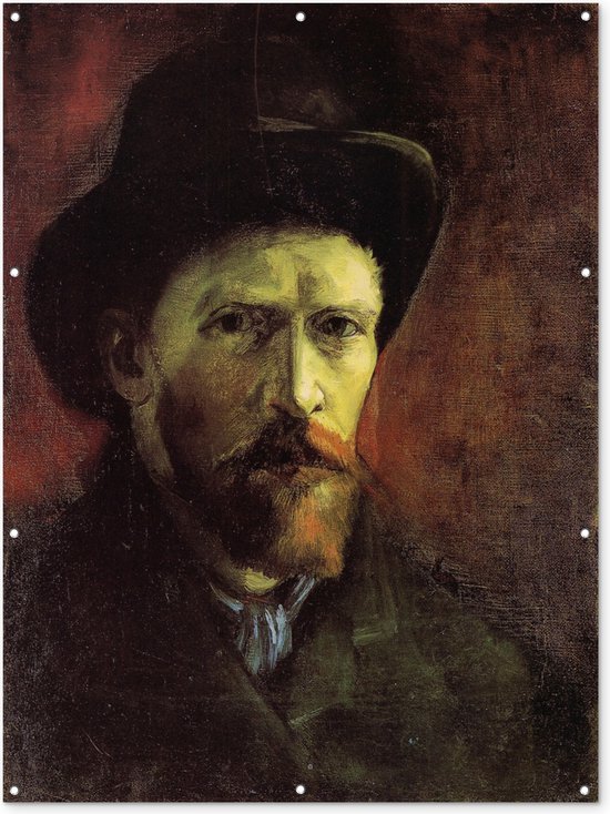 Muurdecoratie buiten Zelfportret met vilthoed - Vincent van Gogh - 120x160 cm - Tuindoek - Buitenposter