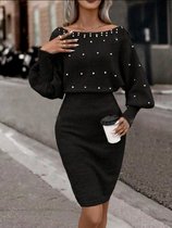 Sexy elegante prachtige zwarte stretch trui jurk met vleermuis mouwen maat L