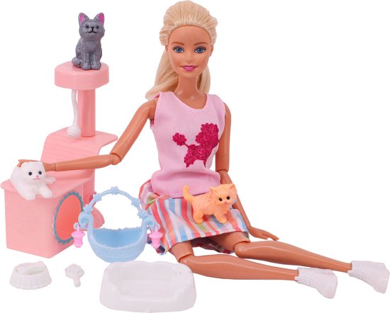 Accessoires pop - Kat thema - Katten, krabpaal, manden, voerbak, borstel, speeltje - Geschikt voor o.a. Barbie - In cadeauverpakking