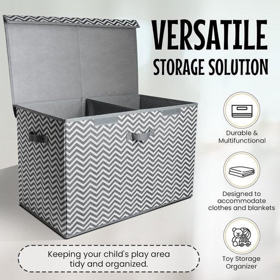 Grijze opbergdoos met zigzagpatroon en deksel, ingedeeld in twee vakken. "Versatile storage solution".