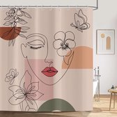 Boho douchegordijn 180 x 180 cm, moderne abstracte kunst meisje met gezicht bloem bladeren roos badkamer wasbare douchegordijnen polyester textiel waterdicht douchegordijn voor badkuip met 12 haken