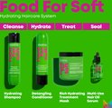 Quatre produits verts Matrix Food For Soft : shampooing, revitalisant, masque, sérum. Titres : "Shampooing Hydratant", "Revitalisant Démêlant", "Masque Traitant Riche Hydratant", "Sérum Huile Capillaire Multi-Usage".