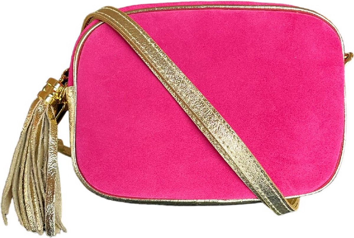 Roze Suède Schoudertas Leren Klosje - Suède Tas met leren details - Fashion Tas - Roze & Goud