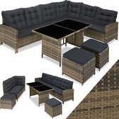 tectake® - wicker loungeset, tuinmeubelset met bank, kruk + tafel, balkonmeubel buiten, 5-delige zitgroep, inclusief zit- en rugkussens, ideaal voor tuin, terras, balkon - natuur met donkergrijze kussens