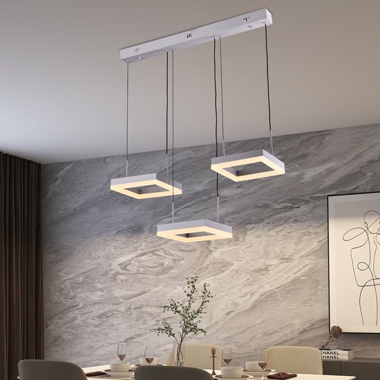 Chandelix - Moderne Hanglamp - Luminosé Square - Wit - 3 Vierkanten ringen - Met afstandsbediening en app - Industrieel, Eetkamer, Slaapkamer, Woonkamer - Vierkanten LED