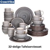 CasaVibe Luxe Serviesset – 32 delig – 8 persoons – Porselein - Bordenset – Dinner platen – Dessertborden - Kommen - Mokken - Set - Grijs