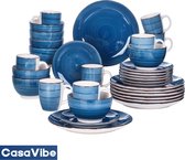 CasaVibe Luxe Serviesset – 32 delig – 8 persoons – Porselein - Bordenset – Dinner platen – Dessertborden - Kommen - Mokken - Set - Blauw - Wit