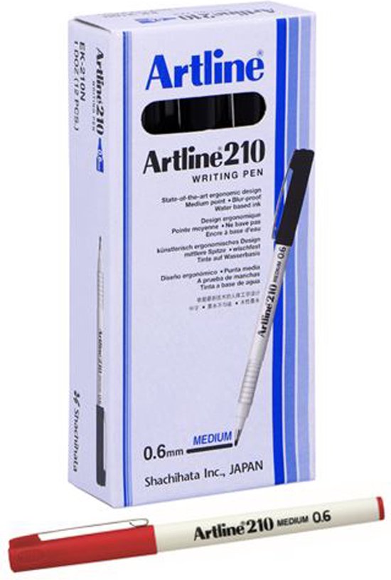 Een doos Artline 210 pennen met een rode pen en een zwarte pen. Tekst op doos: Artline 210.