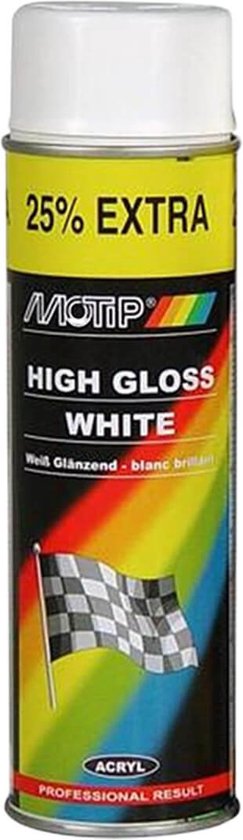 Motip spuitbus Acryl Hoogglans Wit. Met 25% extra inhoud en een racevlag design. Professioneel resultaat.