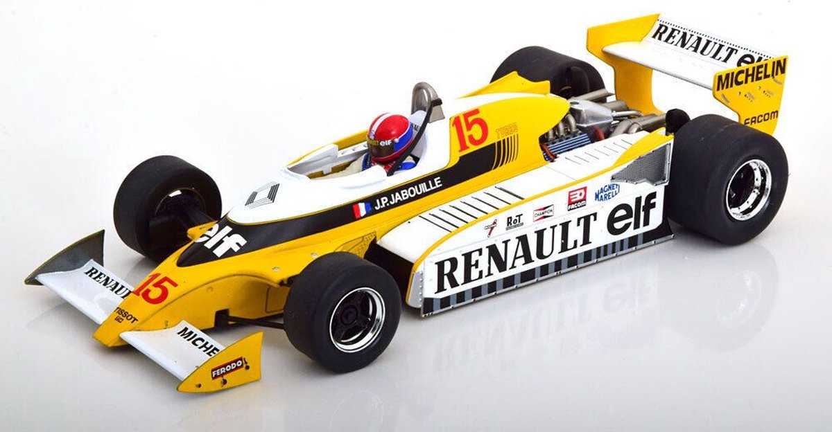 Het 1:18 Diecast-model van de Renault RS10 Team Renault Elf #15 van de Franse GP van 1979. De rijder was J.P. Jabouille. De fabrikant van het schaalmodel is MCG. Dit model is alleen online beschikbaar