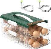 Eiercontainer voor koelkast, 2-laags koelkastorganizer Eieren met handvat, stapelbare doorzichtige eierenopslagkoelkast, antislipvloer-eierenopbergdoos, eieropslag (groen)