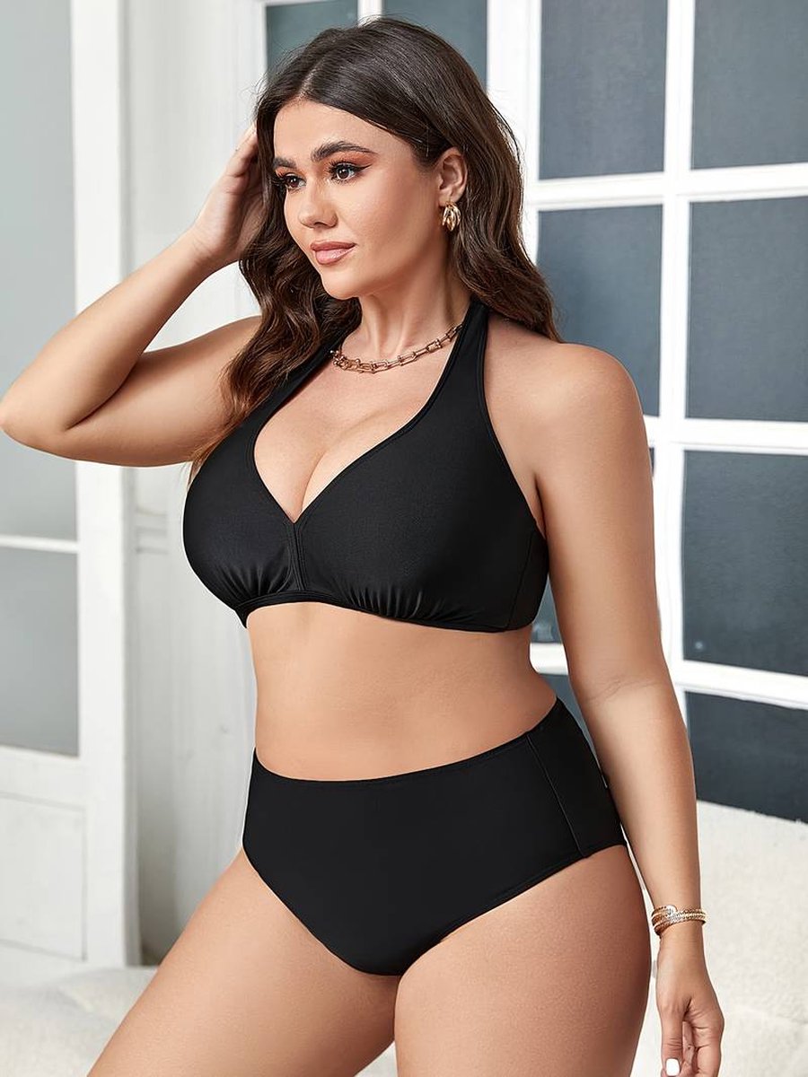 Bikini Set - Grote Maten Effen Zwarte Halter Strikband Bh - 2 - delige Set Badpak Lingerie Set - Zwemkleding Strandkleding P008 - Zwart — afbeelding 3