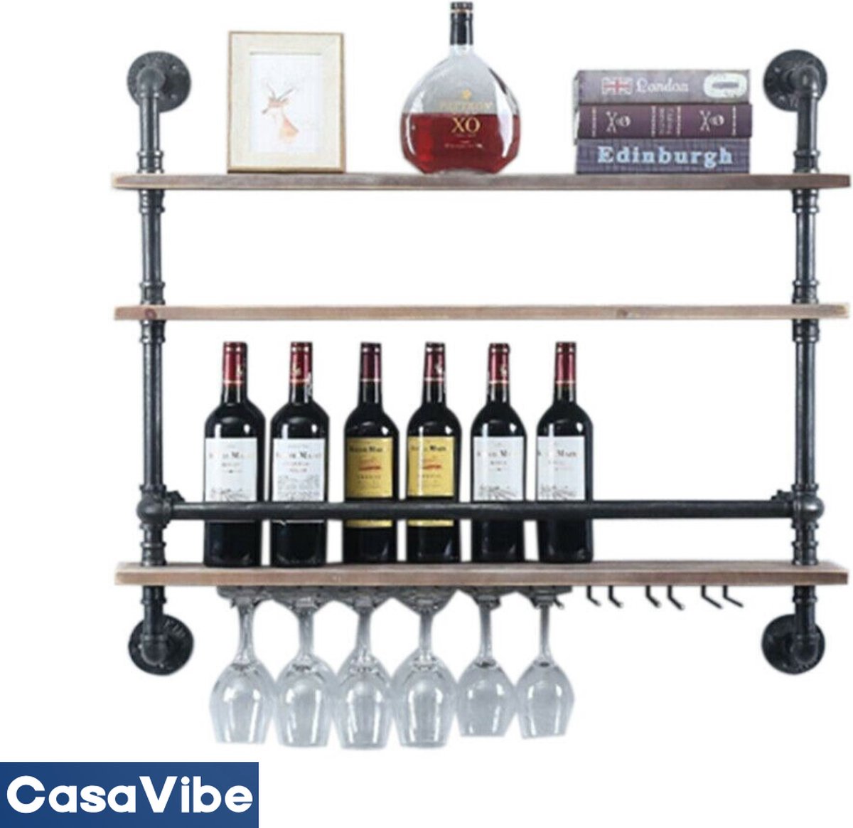 Accebei Metalen Plafonddecoratie Wijnglasrek, Vintage Display Wijnrek Opslaghouder Voor Onder Kast, Keuken, Bar, Restaurants Verstelbare Hoogte,Black,L: 120cm