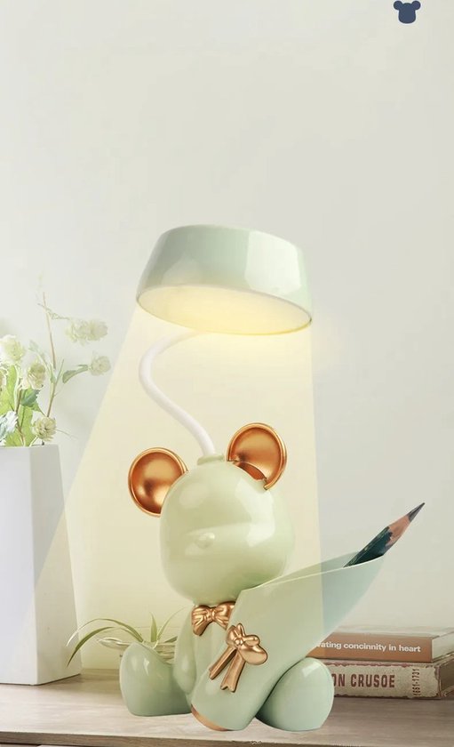 Lampe Ours LED Veilleuse USB Rechargeable Lampe de Bureau Multifonctionnelle avec Porte-Stylo - Vert