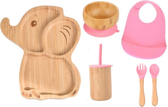 Lucellia® Bamboe babyservies set – 7 Delig Roze Olifant - Kinderservies set - Kinderbord –Kom - Met zuignap – Kinderbestek - Babybestek - Siliconen - Slabbetjes –Baby drinkbeker-Kraamcadeau meisje–Babyshower cadeau –BPA & Melamine vrij–Gecertificeerd