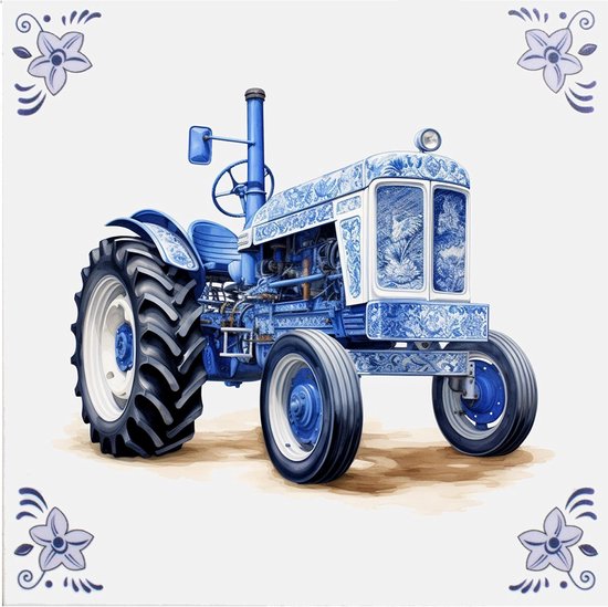 Delfts blauw tegeltje tractor design