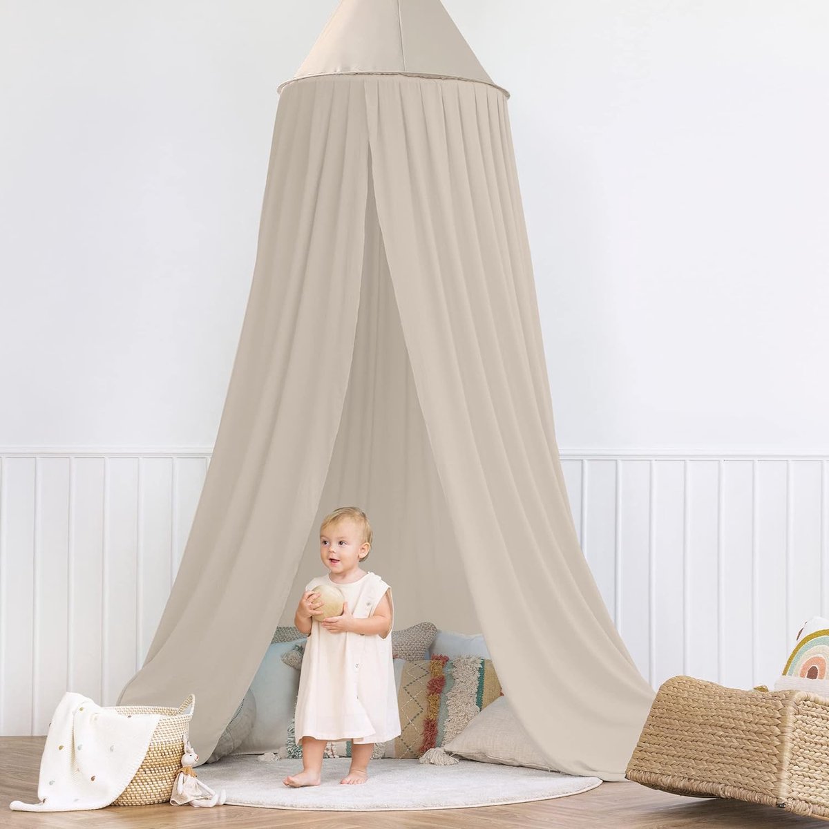 Baldakijn kinderkamer 245 cm - in 5 kleuren - bedhemel meisjes, jongens & baby - hemelbed gordijnen - muggennet dubbel bed - hemel babybed - canopy - nougat
