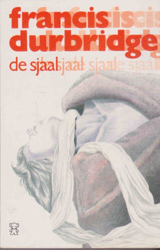 Boekomslag met rode tekst 'francis durbridge de sjaal'. De illustratie toont een persoon met blond haar die wordt gewurgd met een sjaal.
