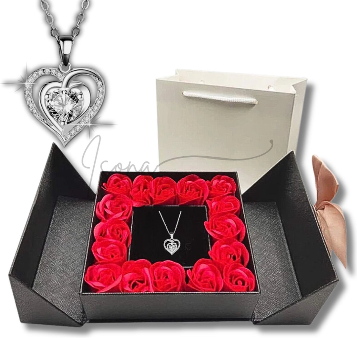 Goedkoopste Isona Cadeau voor Vrouw - Cadeaurozen - Ketting Hartje - Sieradendoos - Luxe Geschenkset vrouwen - Verjaardagscadeau - Geschenkdoos - Juwelen - Badzeep Rozen - Giftset - Liefde - Relatie - Vriendschap - Kerst - Kerstmis - Zwart - Zilver