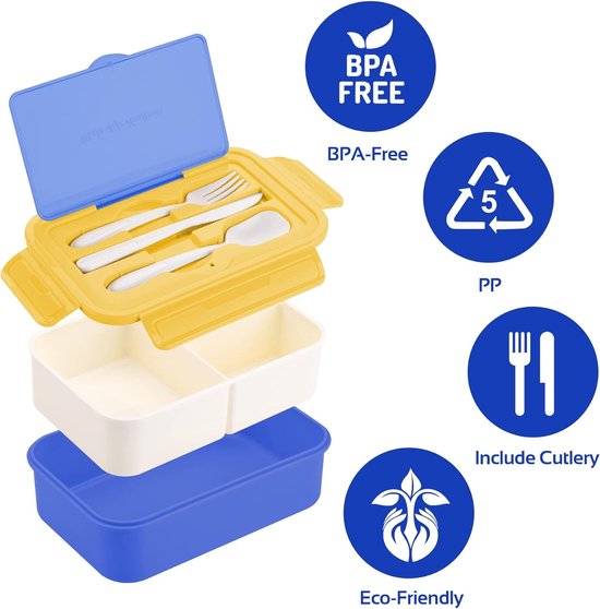 BIBURY Lunch Box Lunch Box Adults & Office 1400ml, Leakproof Large Bento Box with 3 Compartments & Cutlery, Microwave Safe for School Work Men Women & Kids