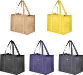 Set van 5 Grote Opvouwbare Boodschappentassen met Extra Brede Bodem en Lang Handvat - Herbruikbare Stoffen Tassen - Onbedrukt en Beschilderbaar