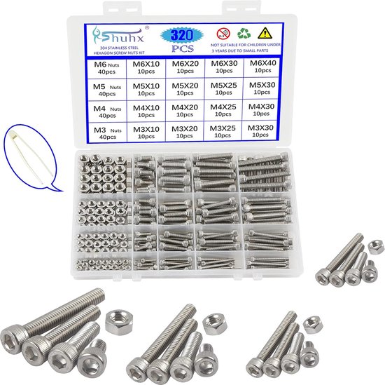 M3 M4 M5 M6 Hexagon Inbusbouten 304 Roestvrijstalen Bouten en Moeren Mechanische Inbusbouten Assortiment Kit met Opbergdoos